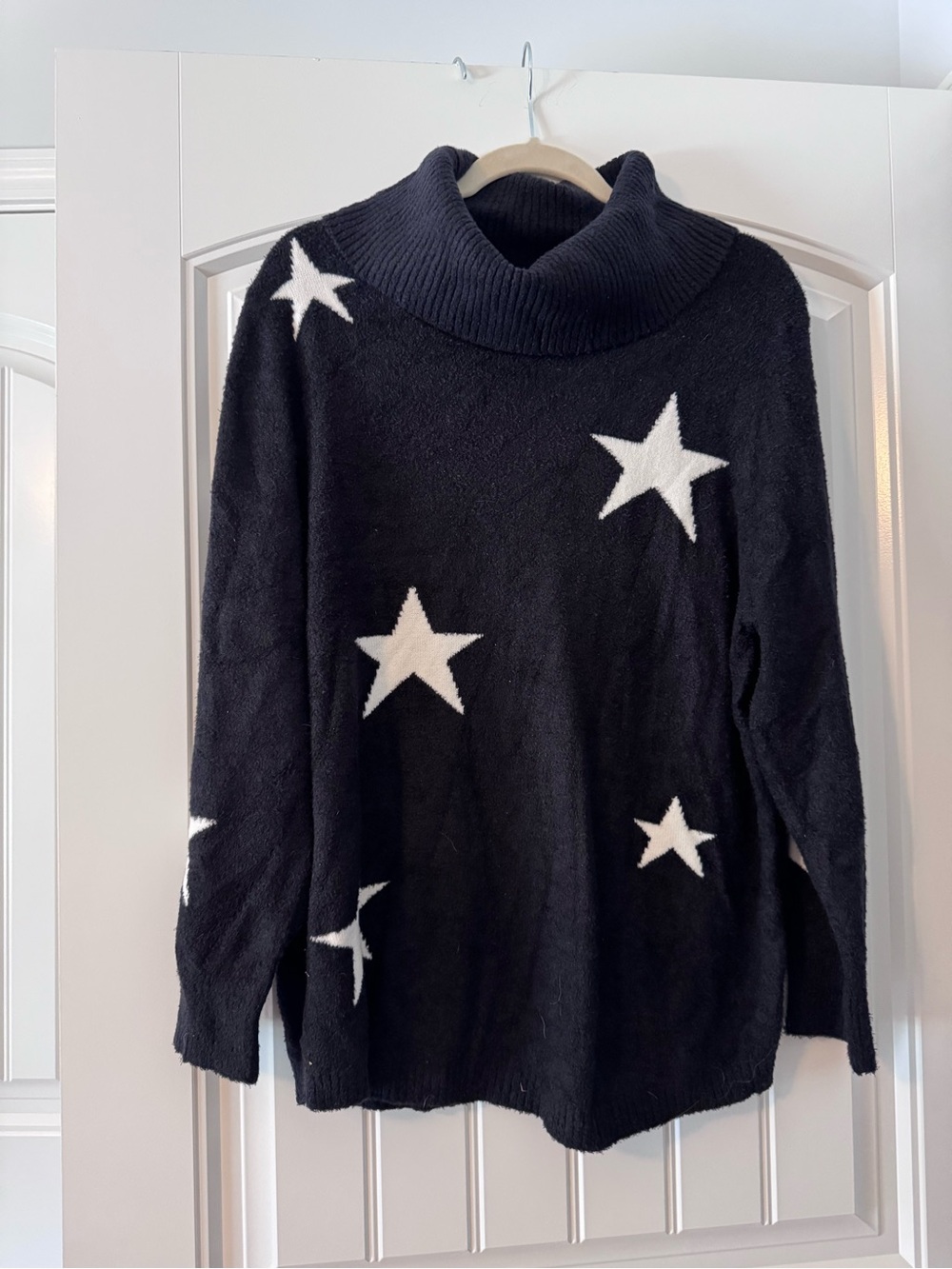 Rachel Zoe Black Turtleneck Chenille Sweater with White Stars